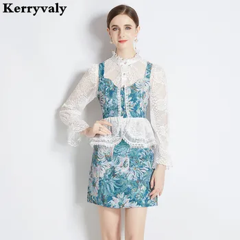 Spring Women Mesh Print Lace Retro 3pcs Dress летнее платье больших размеров  платье женское  فستان  지퍼원피스 K6597
