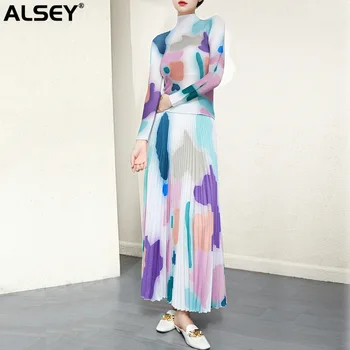 ALSEY Miyake, Плиссированная одежда Премиум-класса для женщин, Женская футболка с длинными рукавами и принтом Sense, Темпераментная юбка-полукомбинезон, Комплект из двух предметов