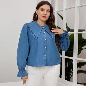 Женская блузка Больших Размеров, синий однобортный джинсовый кардиган с кукольным воротником, модные повседневные рубашки Большого размера с рукавами-фонариками
