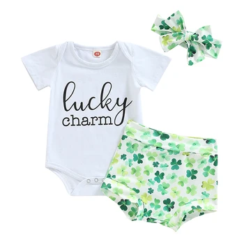 Комплект шорт Clover Lucky для маленьких девочек от 0 до 24 месяцев, Комбинезон с коротким рукавом и буквенным принтом + Шорты с эластичной резинкой на талии + Наряды с лентой для волос